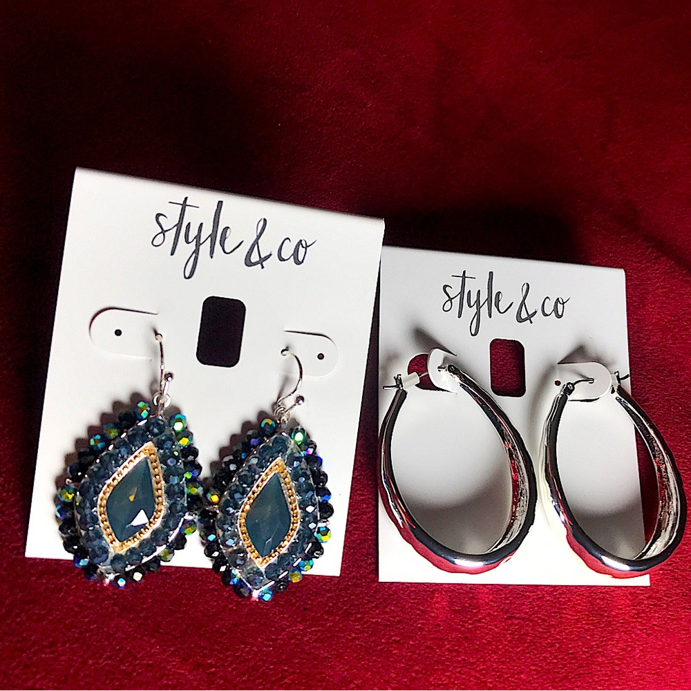 ✨Set of 2! NWT Style & Co. Silver Hoop and Blue Beaded Drop Earring Set